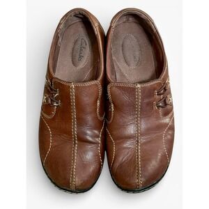 Clarks Bendables Sz-9 Brown Leather Slip On Loafers Contrast Stitching Shoes